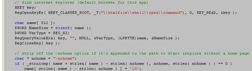 Shows use of RegOpenKeyEx and RegQueryValueEx to locate Internet Explorer